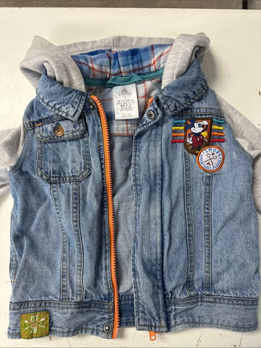 Disney Parks Fort Wilderness Mickey Mouse Hooded Denim Jacket Patches WDW 3